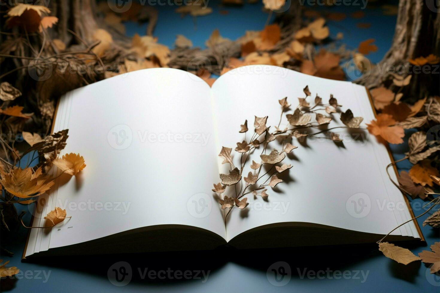 livre pages orné avec complexe feuilles, une tranquille littéraire scène ai généré photo