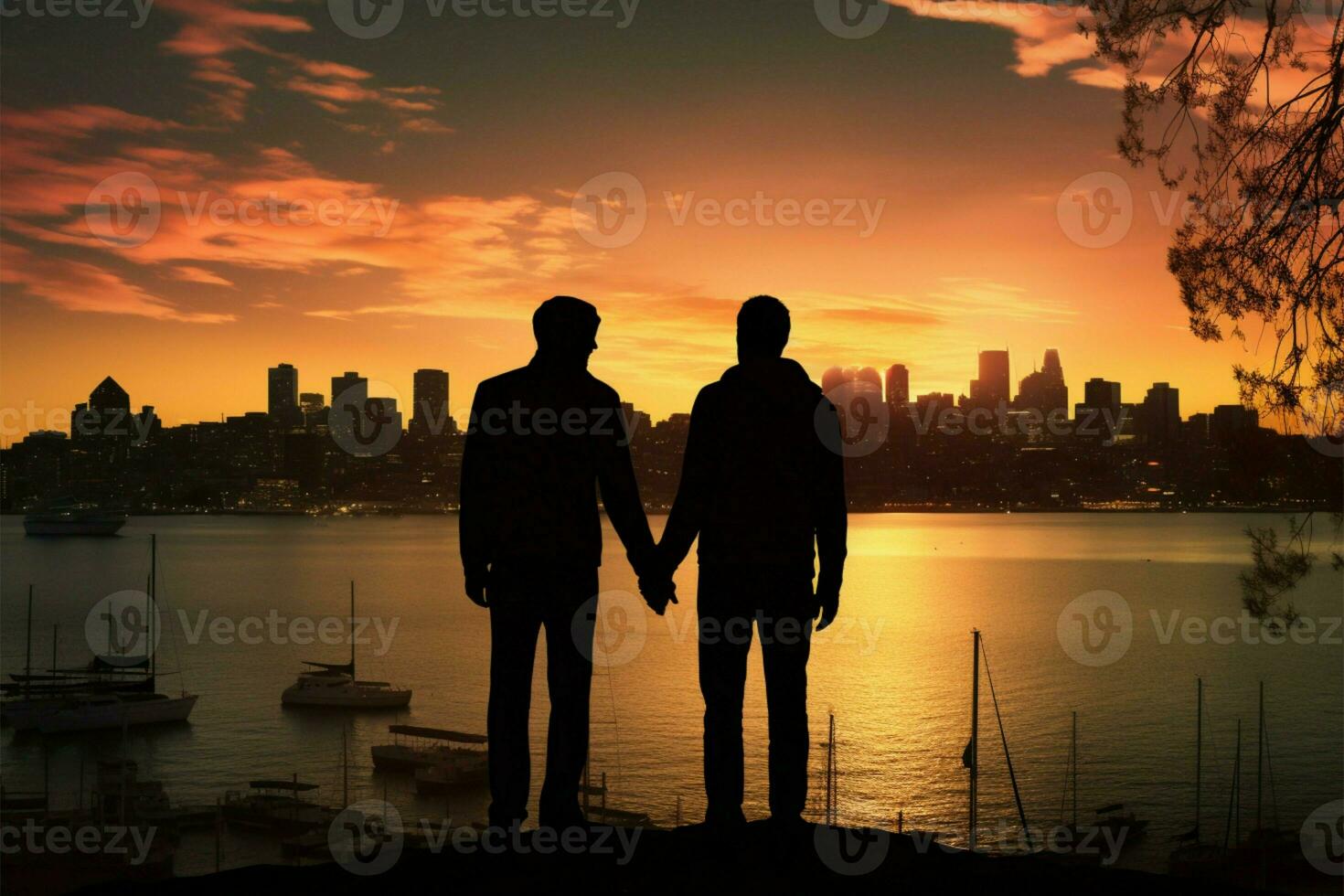 côtier aimer, silhouette gay couple, mains rejoint, dégage bonheur par ville ai généré photo