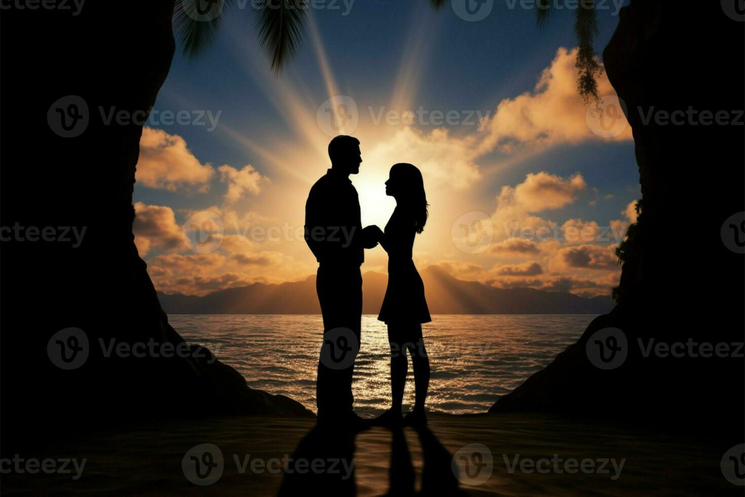 romantique couple silhouette contre une paume arbre le coucher du soleil toile de fond ai généré photo