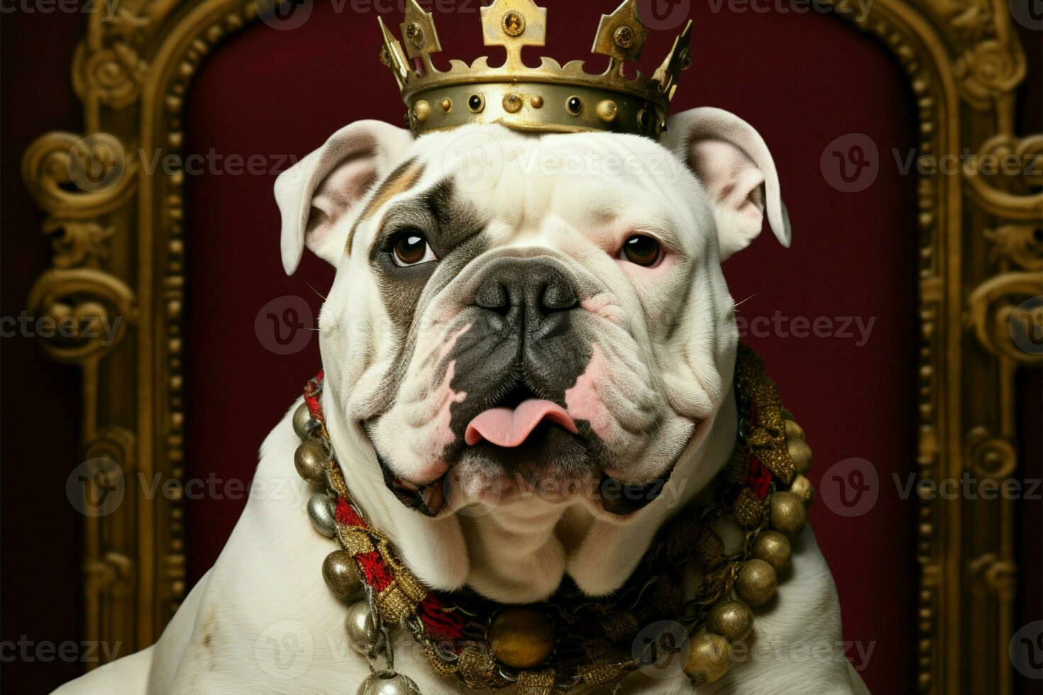 royal toucher sur mignonne blanc bouledogue avec or couronne, rouge velours ai généré photo