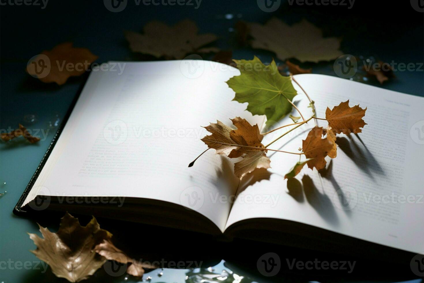 natures toucher sur un ouvert livre, feuilles capturé dans pages ai généré photo