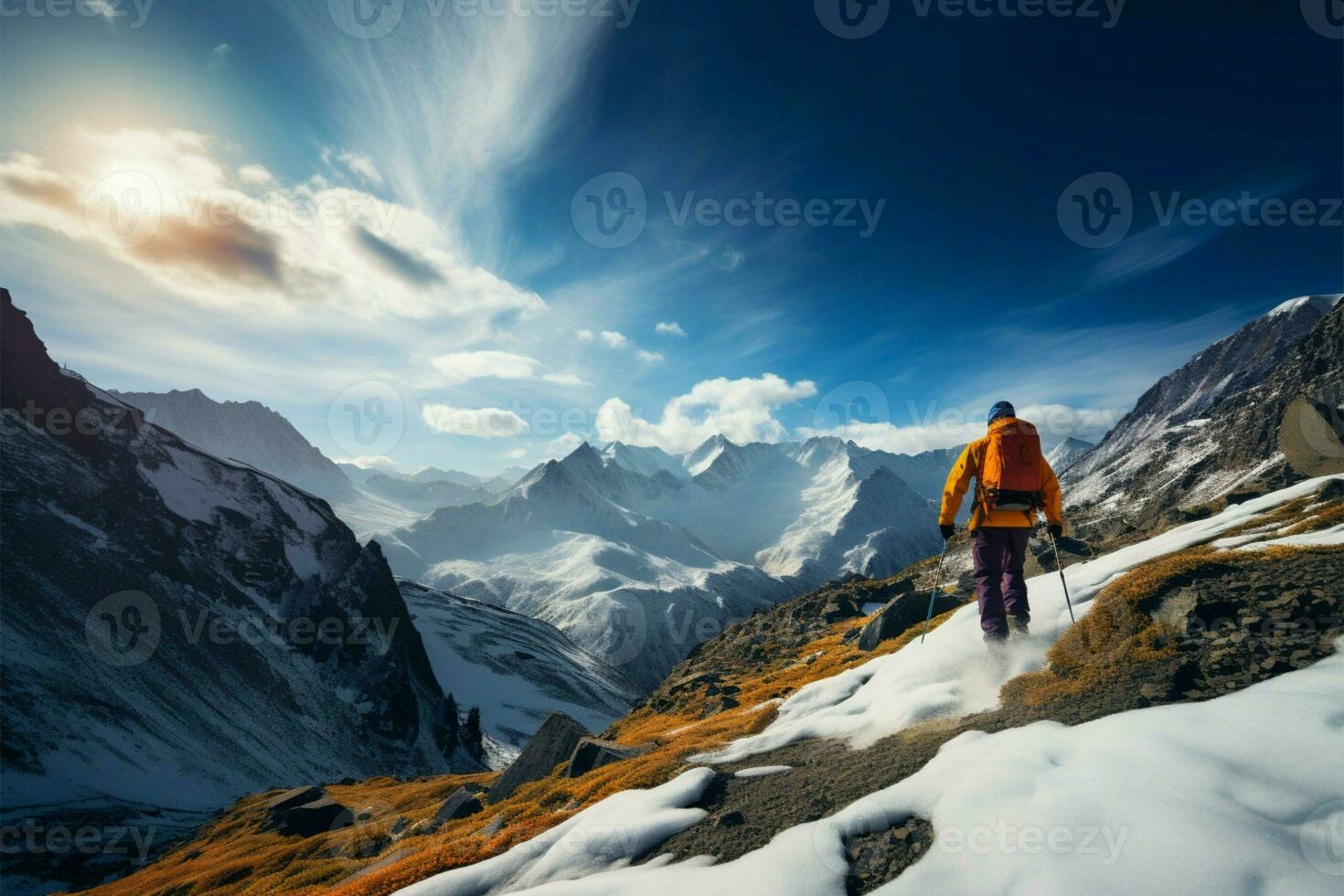 promeneur des stands avec sac à dos, prise dans le grandeur de montagnes ai généré photo