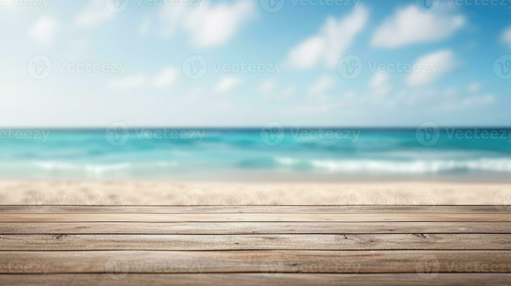 en bois table ensemble contre une toile de fond de le mer, un île, et une vibrant bleu ciel. photo