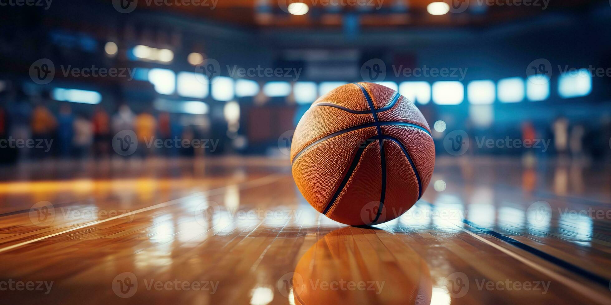 ai généré. ai génératif. basketball Jeu sport arène stade tribunal sur projecteur avec panier Balle sur sol. graphique art photo