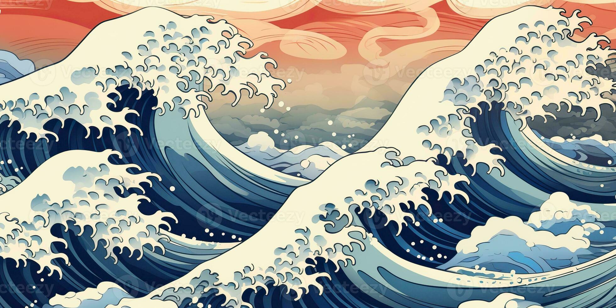 ai généré. ai génératif.vintage rétro vieux style tiré peindre mer océan rivière l'eau vagues dans minimal Japonais style. Marin et nautique illustration. graphique art photo