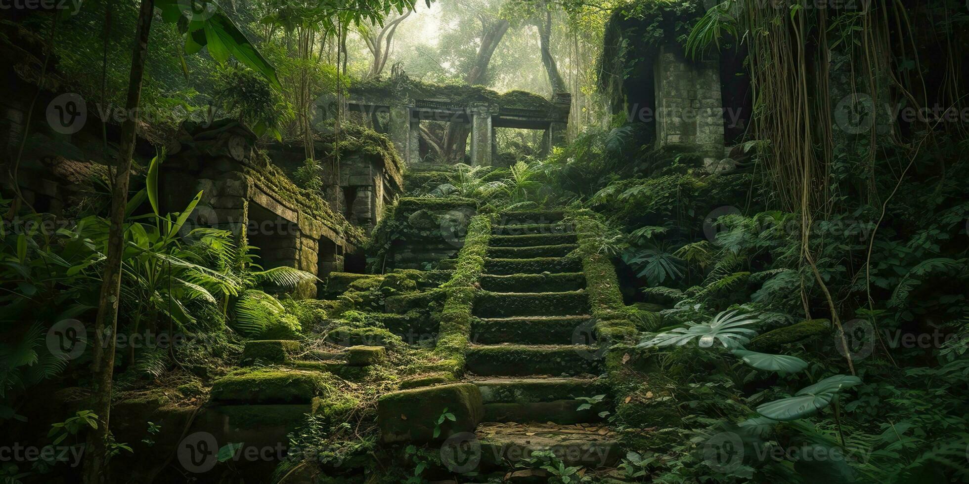 ai généré. ai génératif. ancien vieux jungle forêt bâtiment se ruiner histoire civilisation Extérieur paysage. graphique art photo