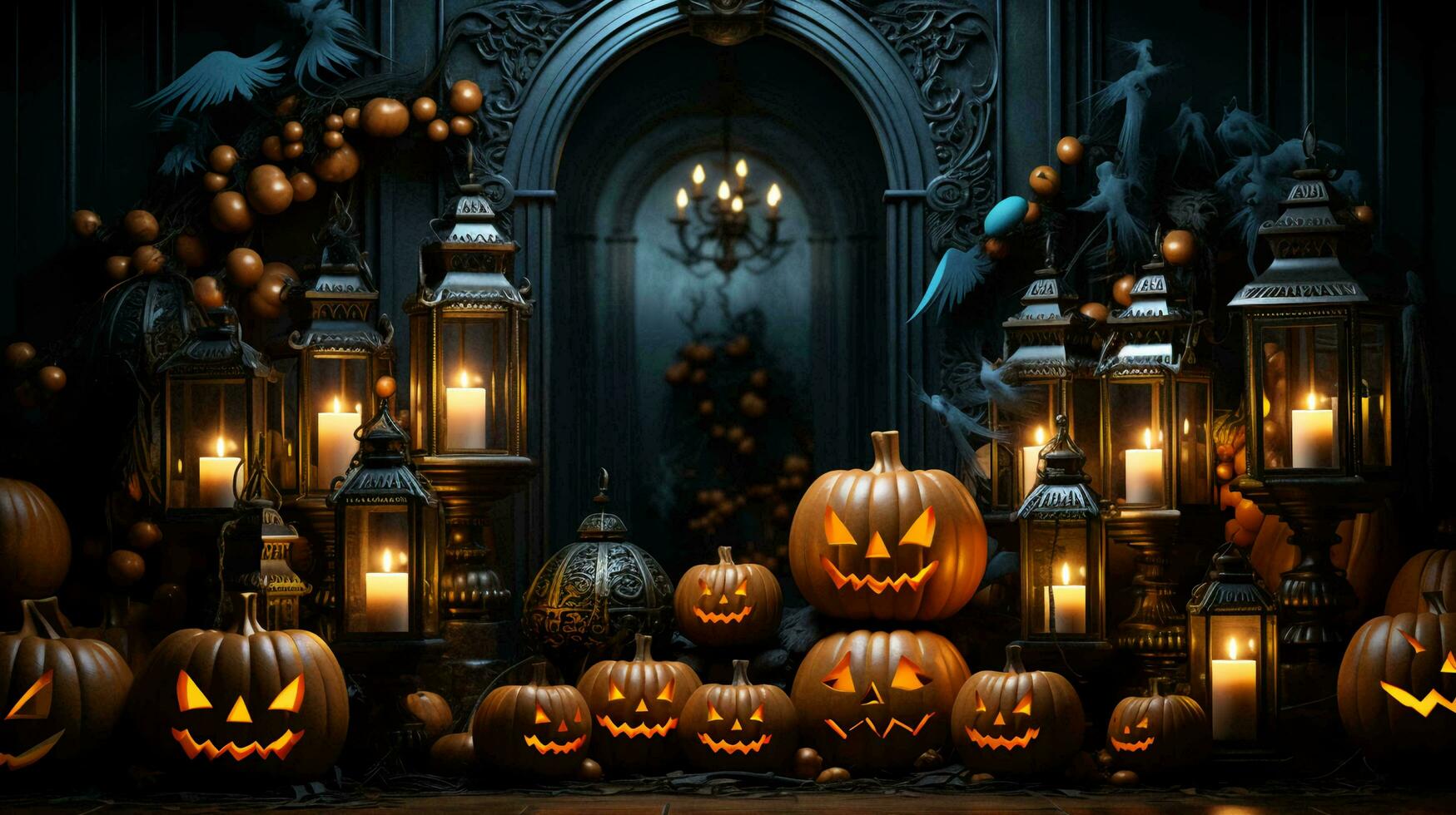 une porte décoré pour Halloween avec décorations de citrouilles et bougies photo