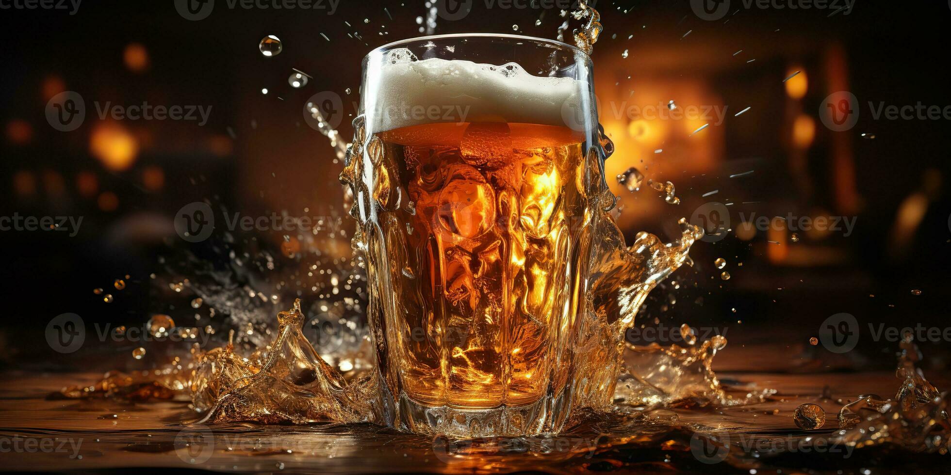 ai généré. ai génératif. Bière verre agresser tasse avec la glace éclaboussure sur en bois bar pub tableau. moquer en haut inspiration. graphique art photo