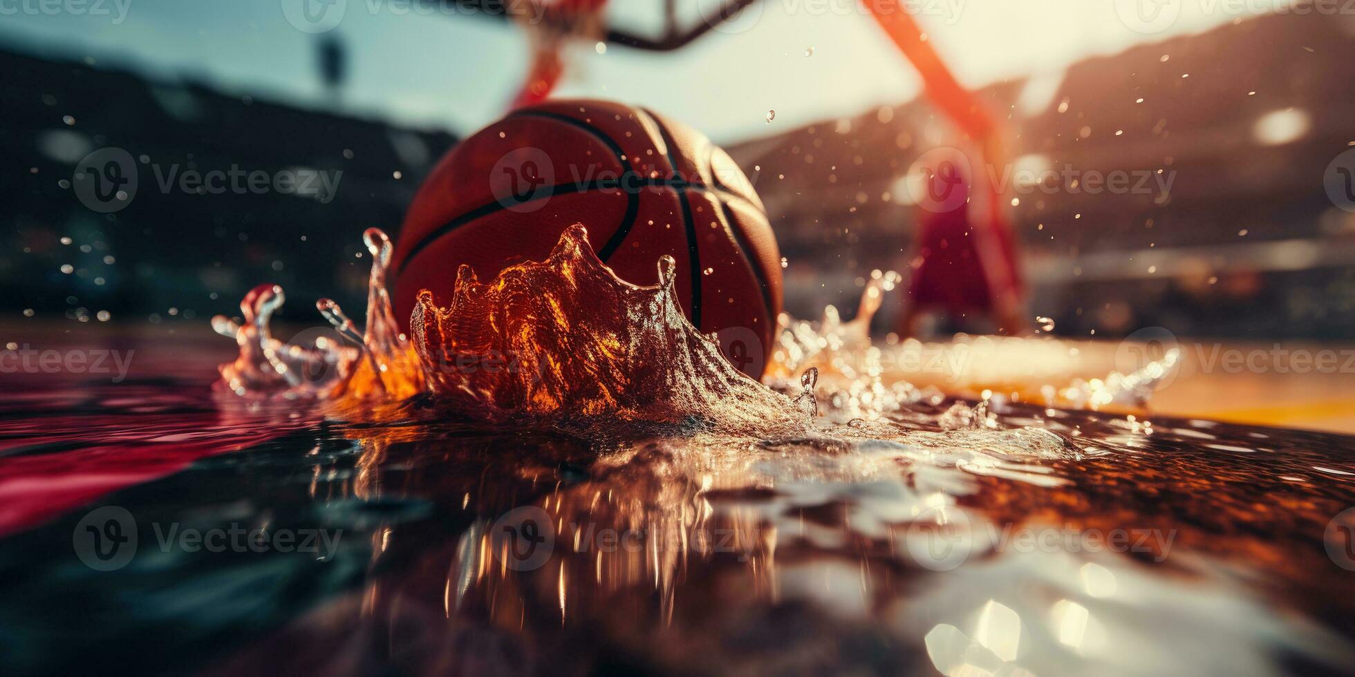 génératif ai, basketball Balle sur le tribunal avec l'eau éclaboussure et lumière du soleil, fermer photo