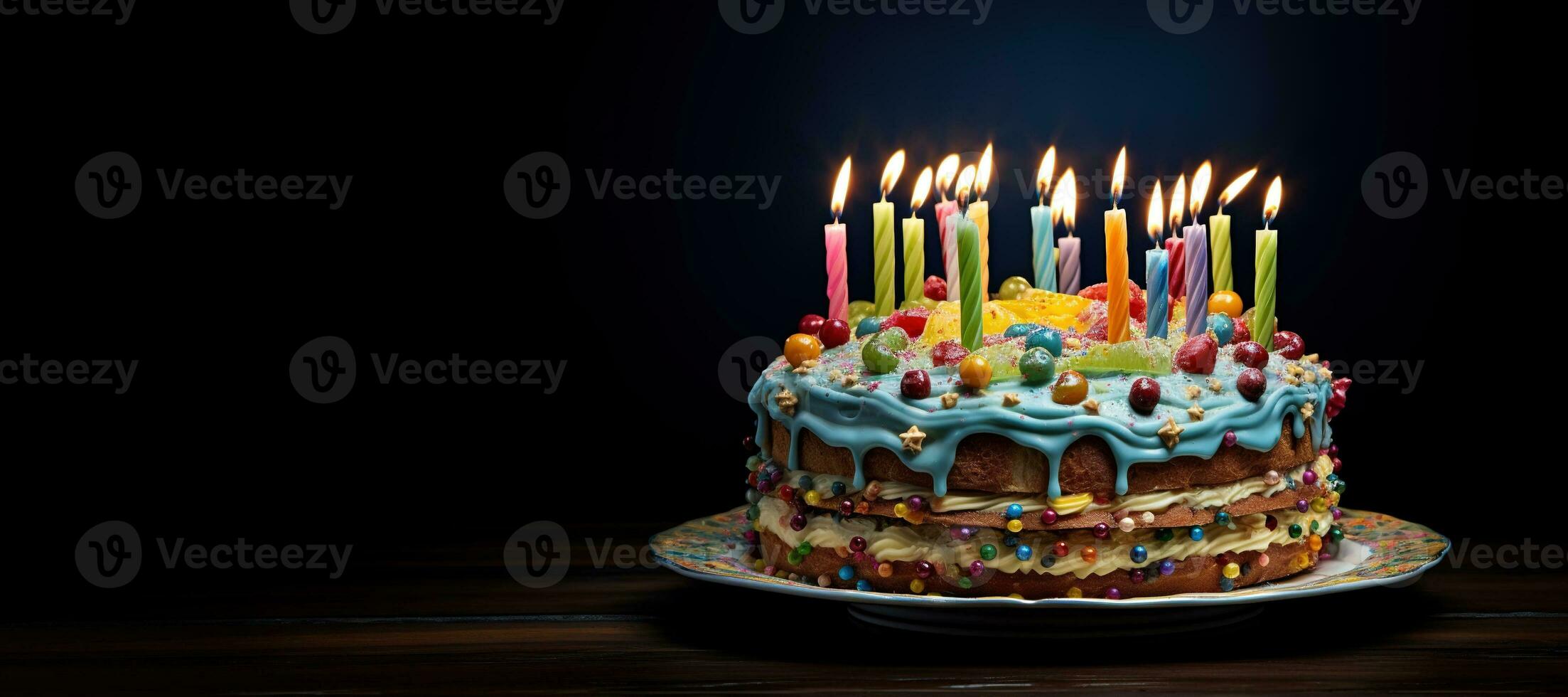 génératif ai, anniversaire magnifique gâteau avec fruit et bougies, bannière pour toutes nos félicitations photo