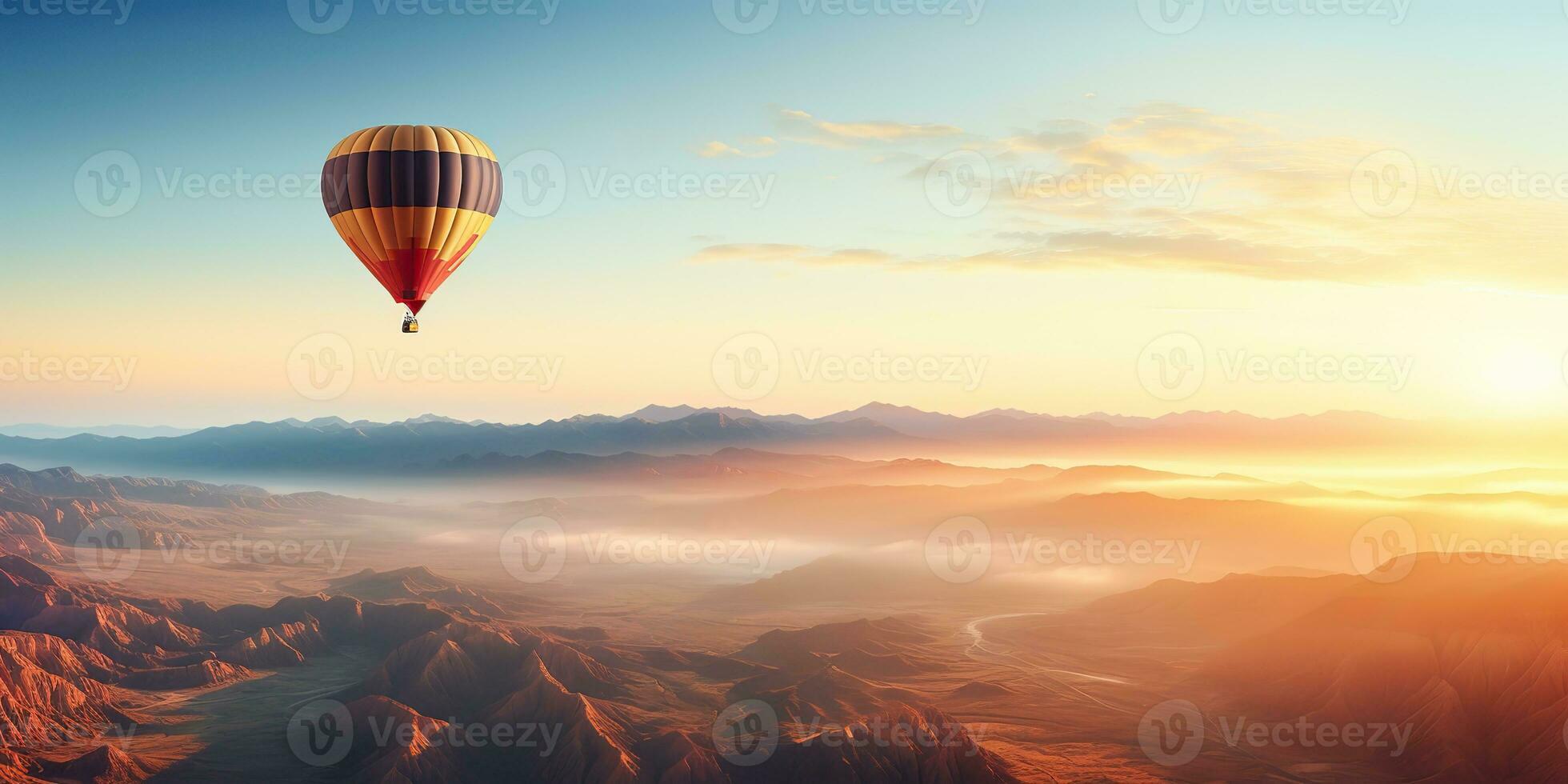 ai généré. ai génératif. chaud air ballon scénique vue à la nature Extérieur magnifique le sable Montagne rivière paysage. graphique art photo