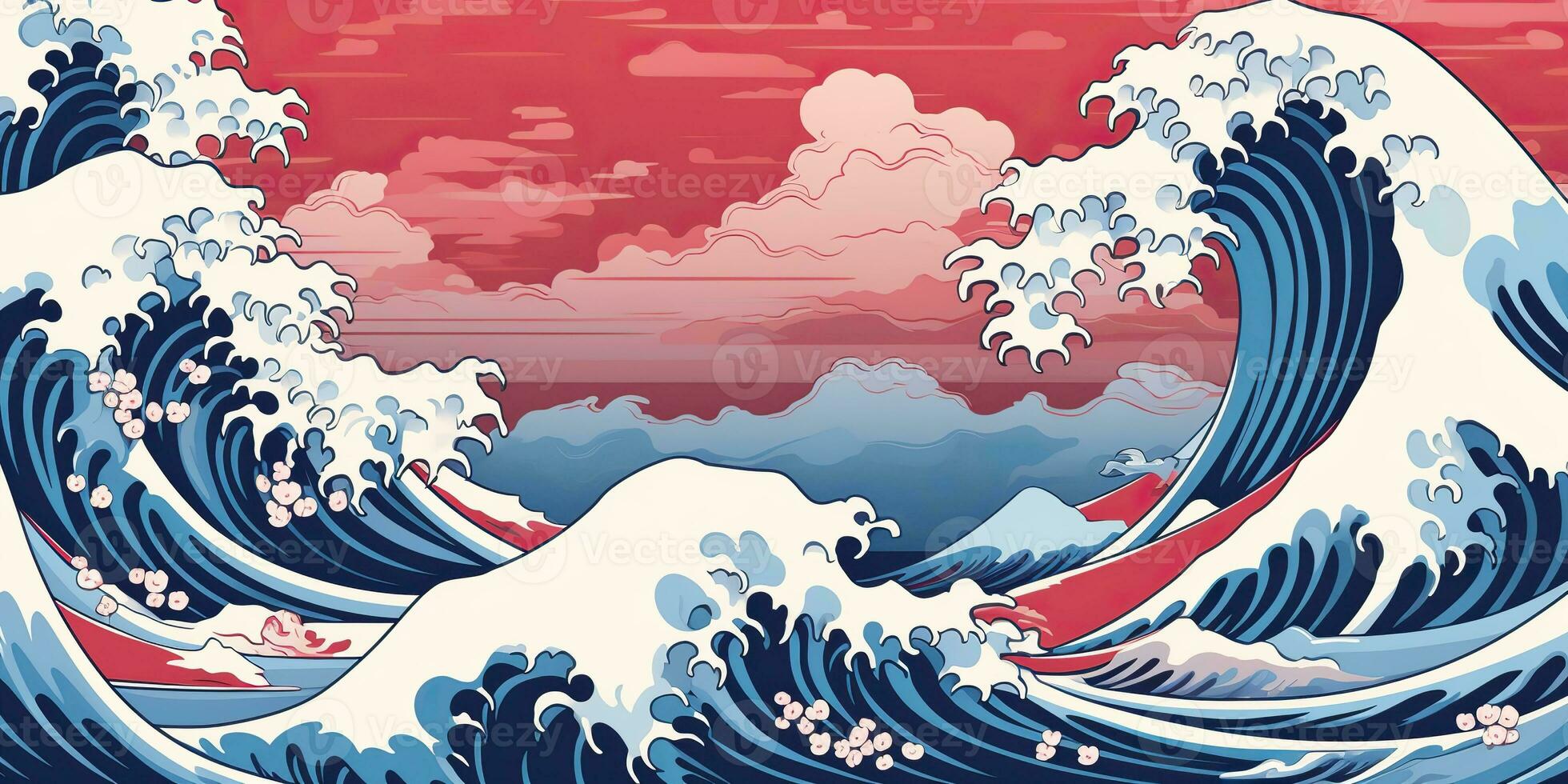 ai généré. ai génératif.vintage rétro vieux style tiré peindre mer océan rivière l'eau vagues dans minimal Japonais style. Marin et nautique illustration. graphique art photo