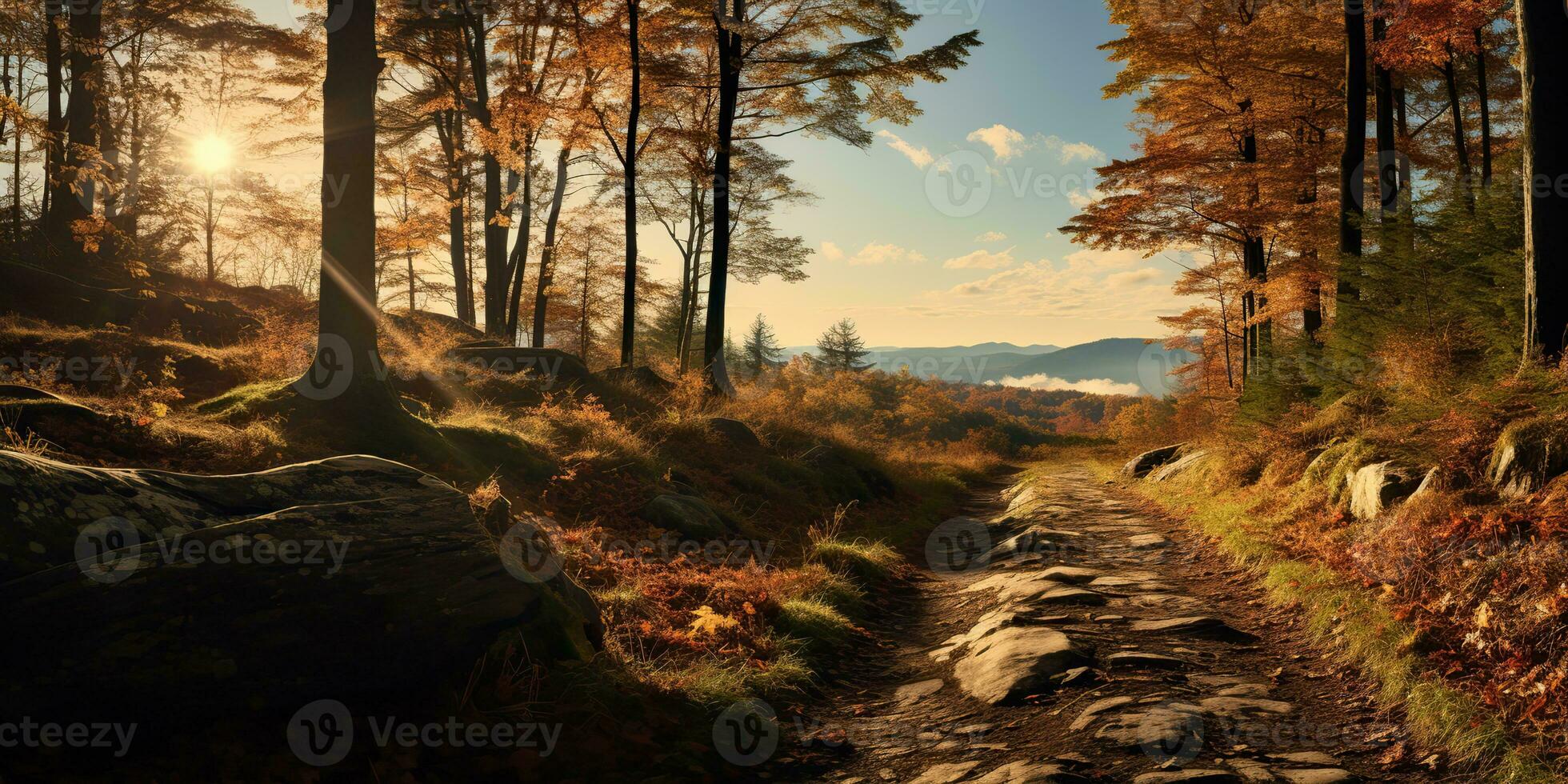 ai généré. ai génératif. Extérieur la nature Montagne Roche colline chemin façon par forêt à le coucher du soleil. aventure voyage explorer Voyage randonnée, graphique art photo