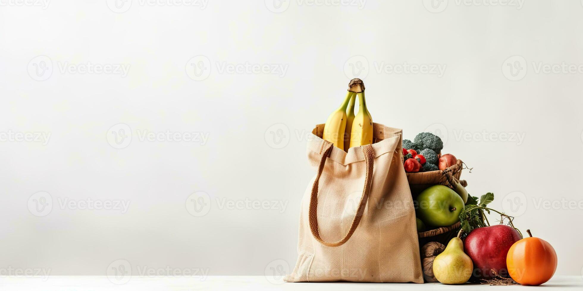 ai généré. ai génératif. Frais biologique des fruits et des légumes dans blanc fourre-tout éco sac. biologique en bonne santé boutique promotion. graphique art photo