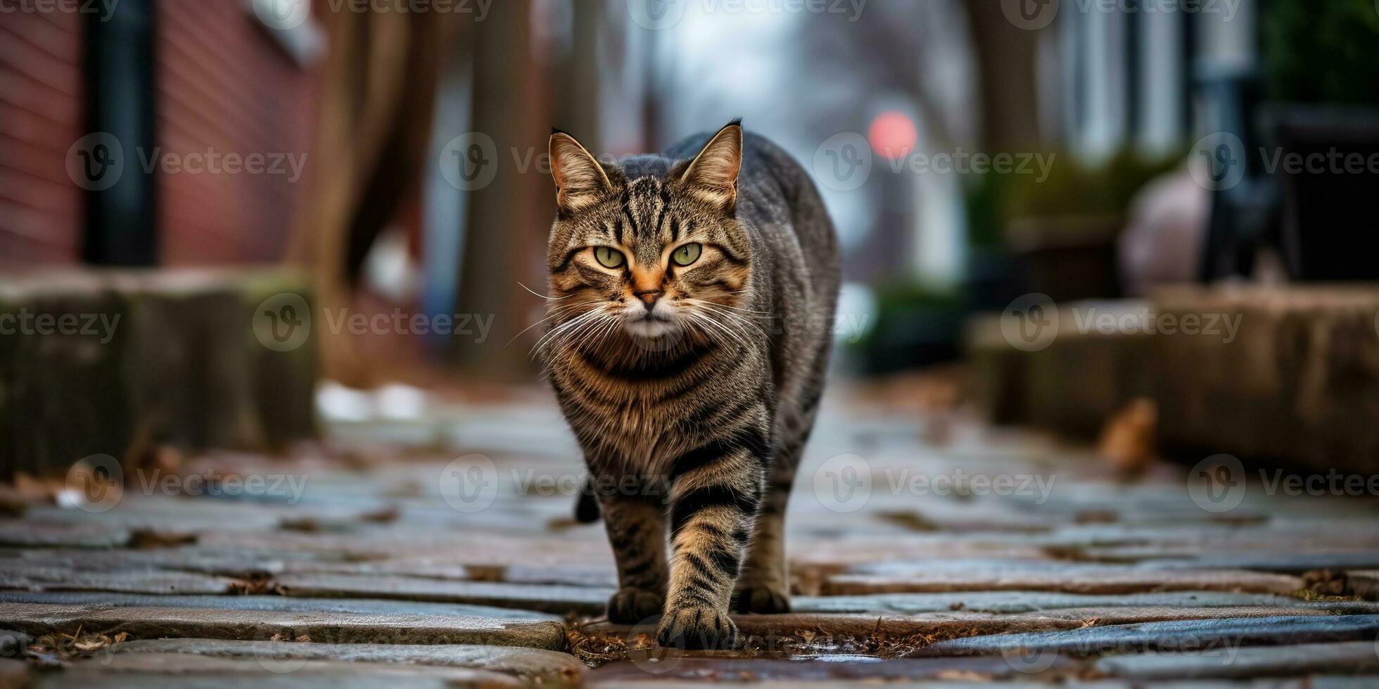 ai généré. ai génératif. un solitaire chat animal de compagnie en marchant rue ville Urbain Contexte. graphique art photo