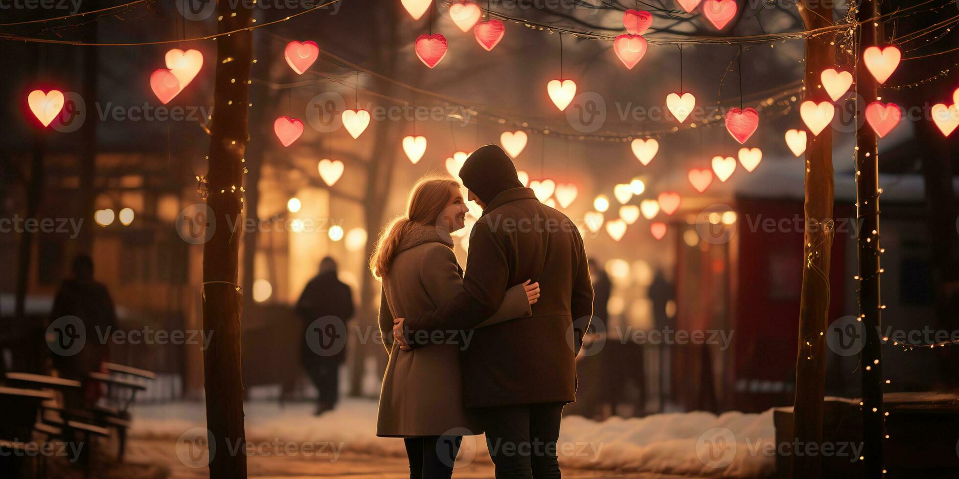 ai généré. ai génératif. couple étreinte chaque autre à nuit avec lumière embrasé. romantique l'amour valentines journée des relations Contexte. graphique art photo