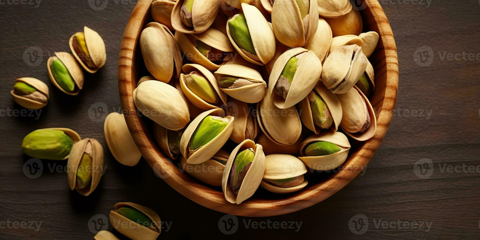 ai généré. ai génératif. pistache des noisettes dans bol dans en bois tableau. en bonne santé végétalien biologique aliments. graphique art photo