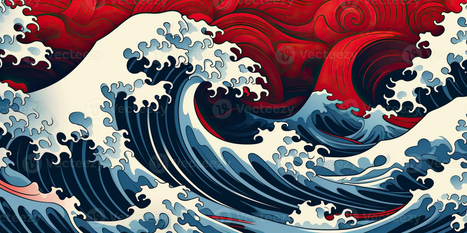 ai généré. ai génératif.vintage rétro vieux style tiré peindre mer océan rivière l'eau vagues dans minimal Japonais style. Marin et nautique illustration. graphique art photo