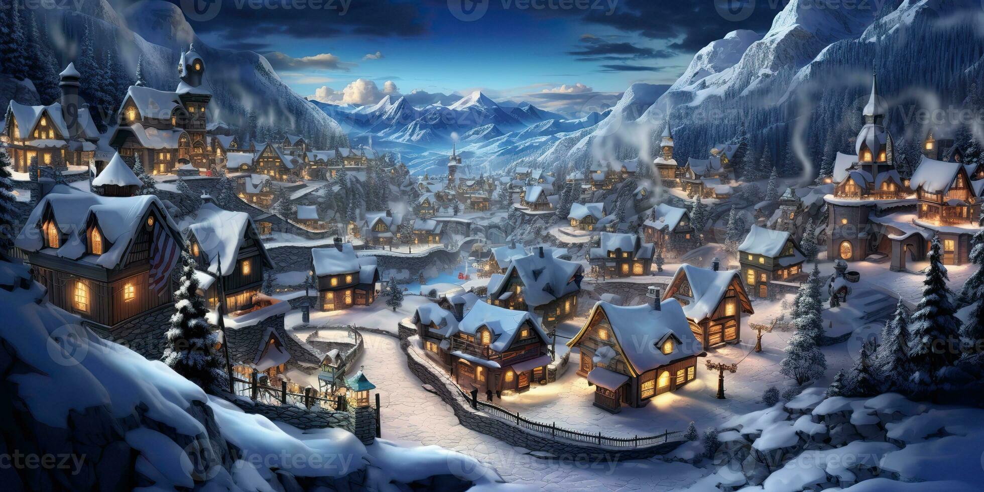 ai généré. ai génératif. dessin animé village Noël Noël Nouveau année neige Maisons Contexte. graphique art photo