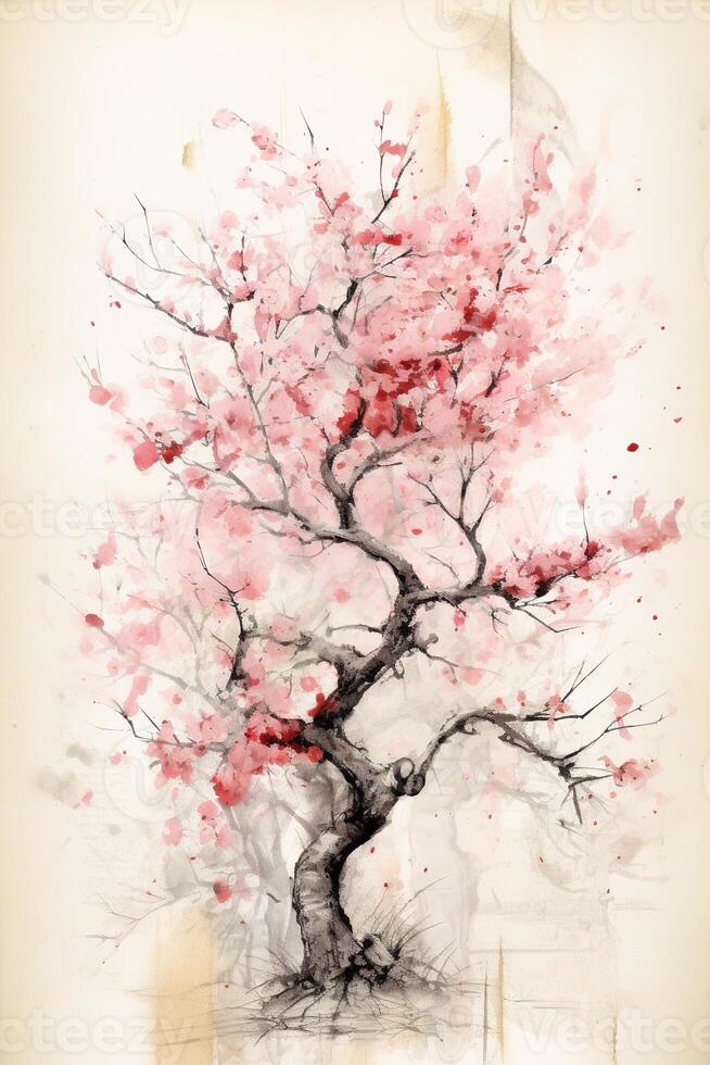 génératif ai, magnifique Japonais Sakura arbre, aquarelle peinture, ancien asiatique affiche photo