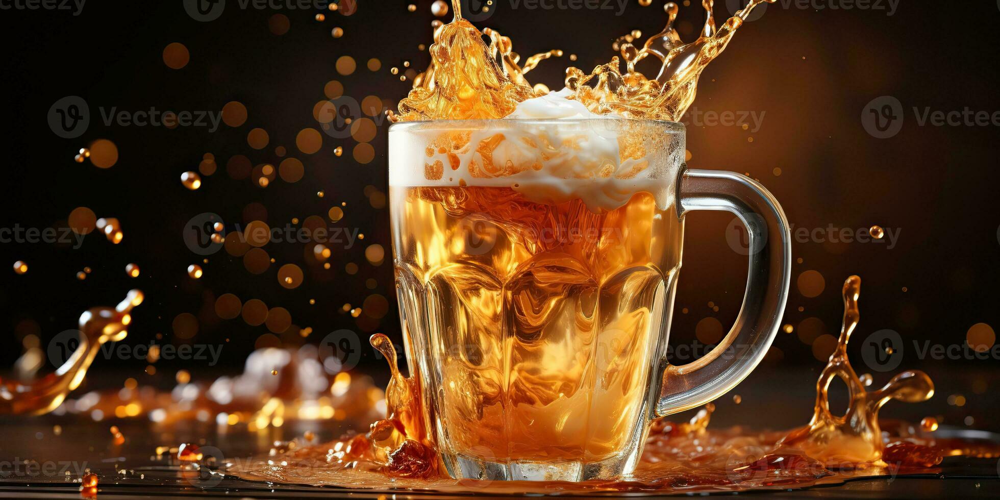 ai généré. ai génératif. Bière verre agresser tasse avec la glace éclaboussure sur en bois bar pub tableau. moquer en haut inspiration. graphique art photo