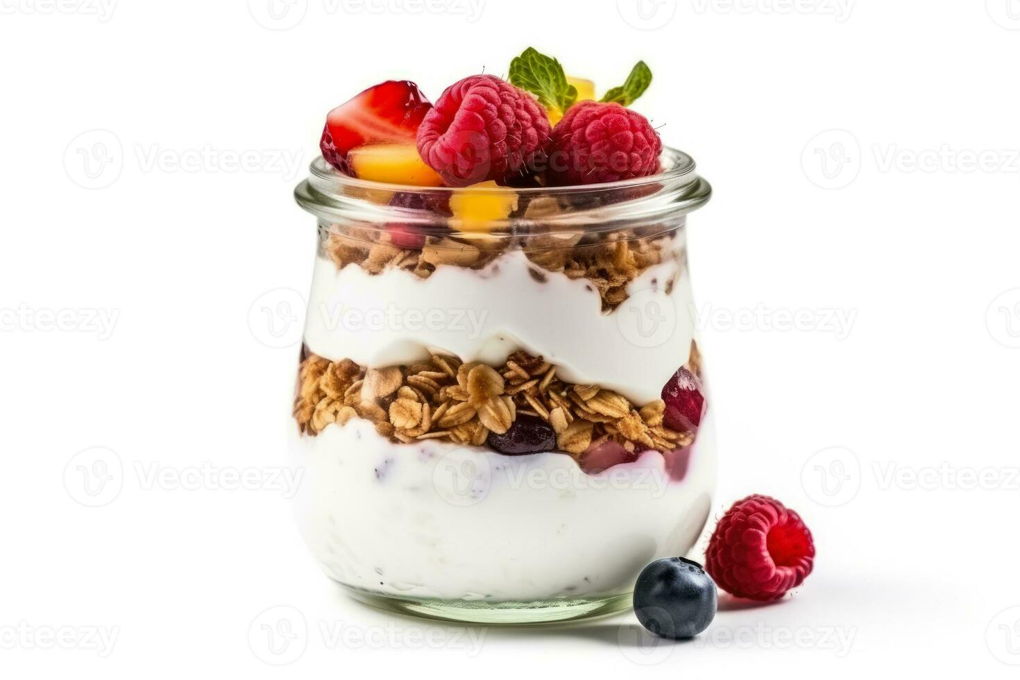 granola grec yaourt Frais des fruits dans une pot isolé sur une blanc Contexte photo