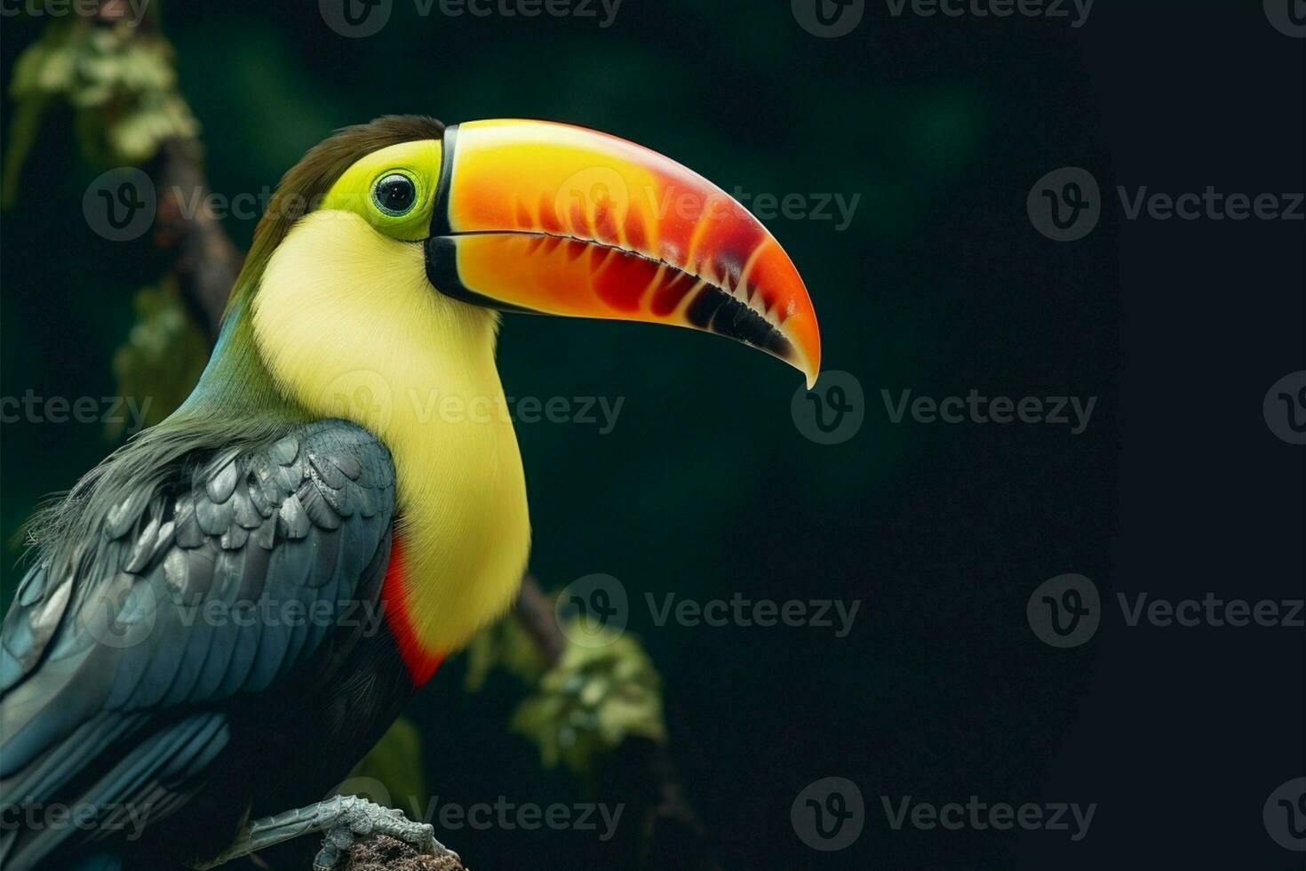 vibrant toucan repos sur une branche dans une verdoyant forêt ai généré photo