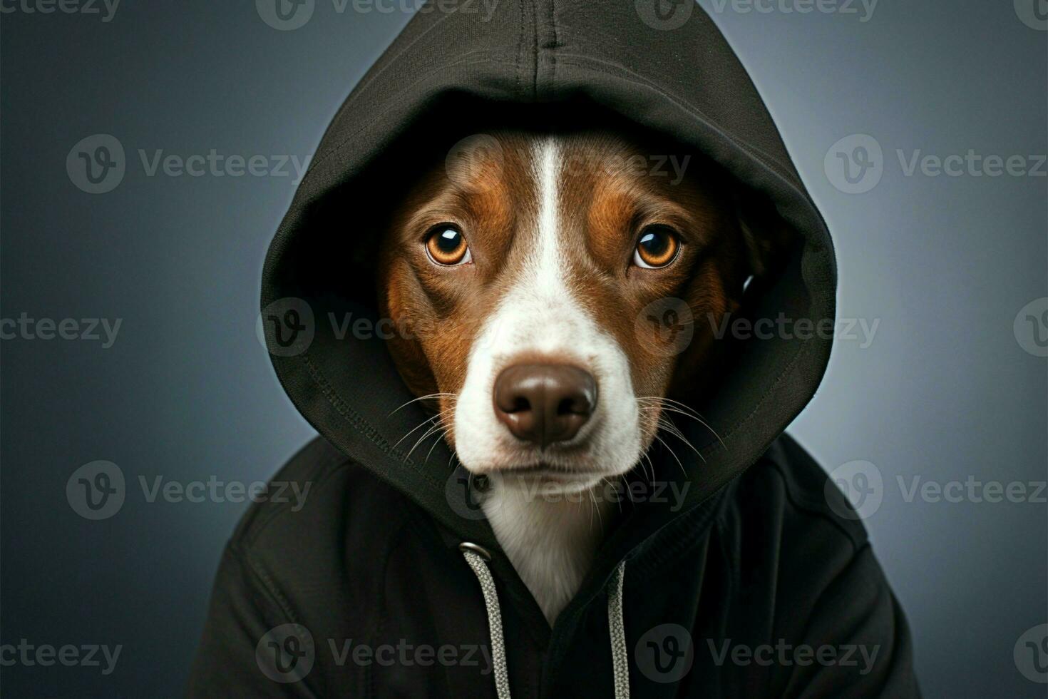 encapuchonné marron et blanc chien apparaît pensif dans une noir sweat à capuche ai généré photo