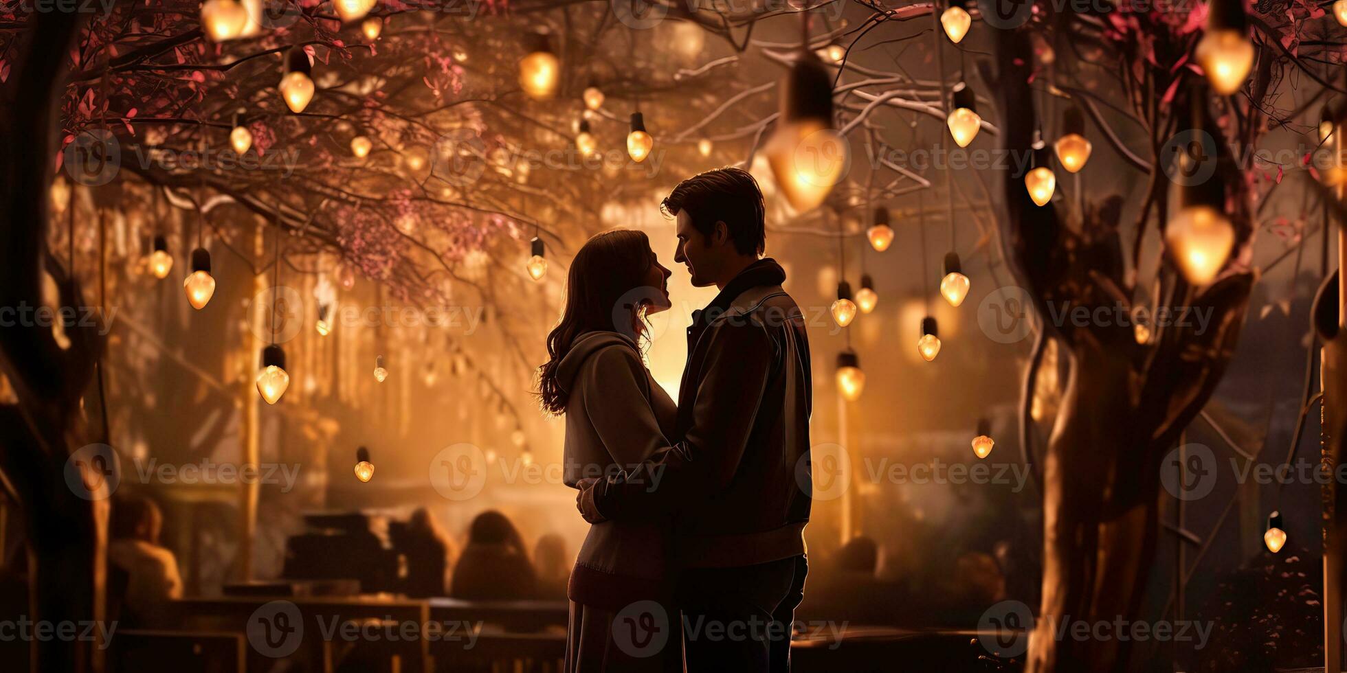 ai généré. ai génératif. couple étreinte chaque autre à nuit avec lumière embrasé. romantique l'amour valentines journée des relations Contexte. graphique art photo