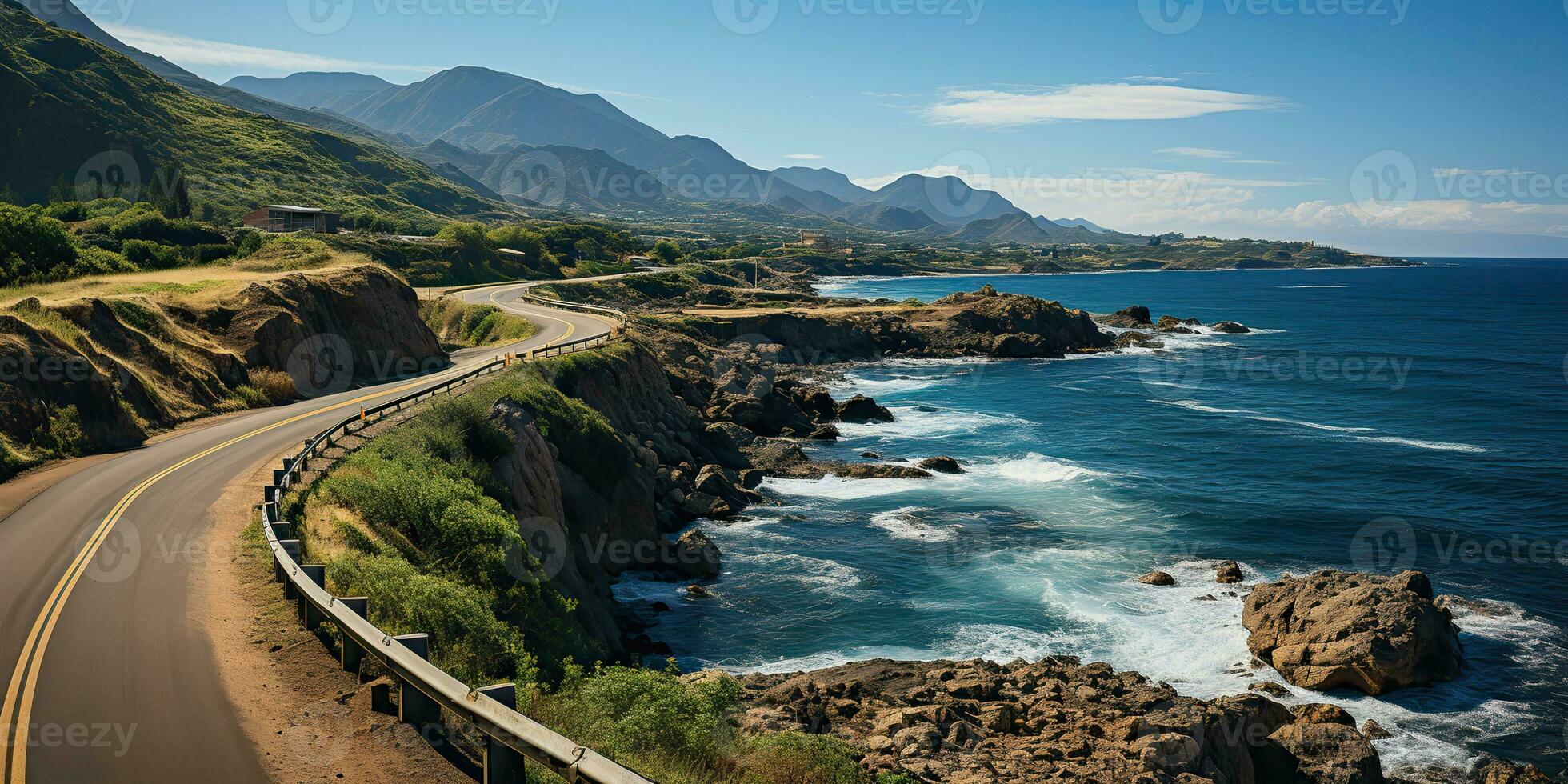 ai généré. ai génératif. route à littoral plage mer océan aventure périple voyage Voyage paysage Contexte. graphique art photo