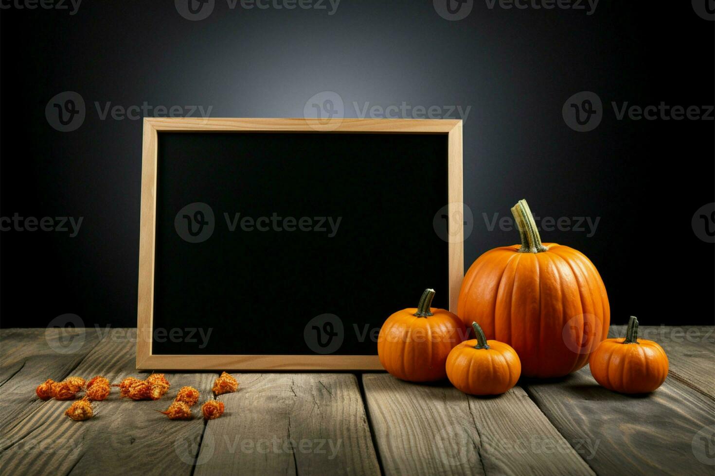 tableau noir rester, Halloween citrouilles, sur une en bois sol contre noir ai généré photo