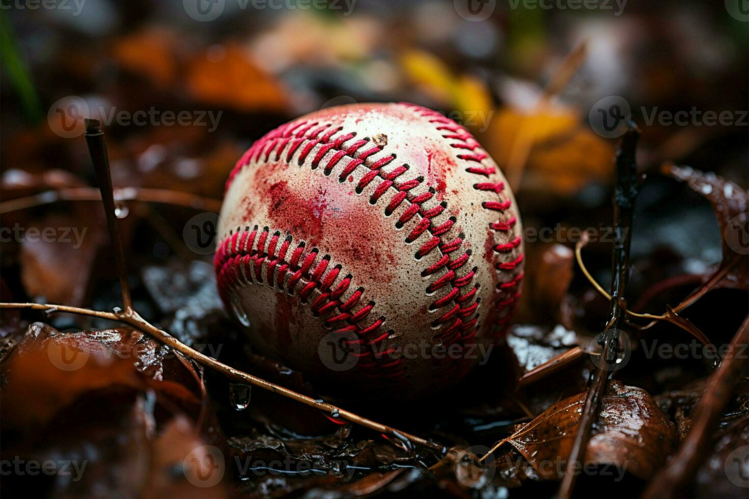base-ball repose au milieu de l'automne feuilles dans pluie gouttière, mélange des sports avec saisonnier beauté ai généré photo