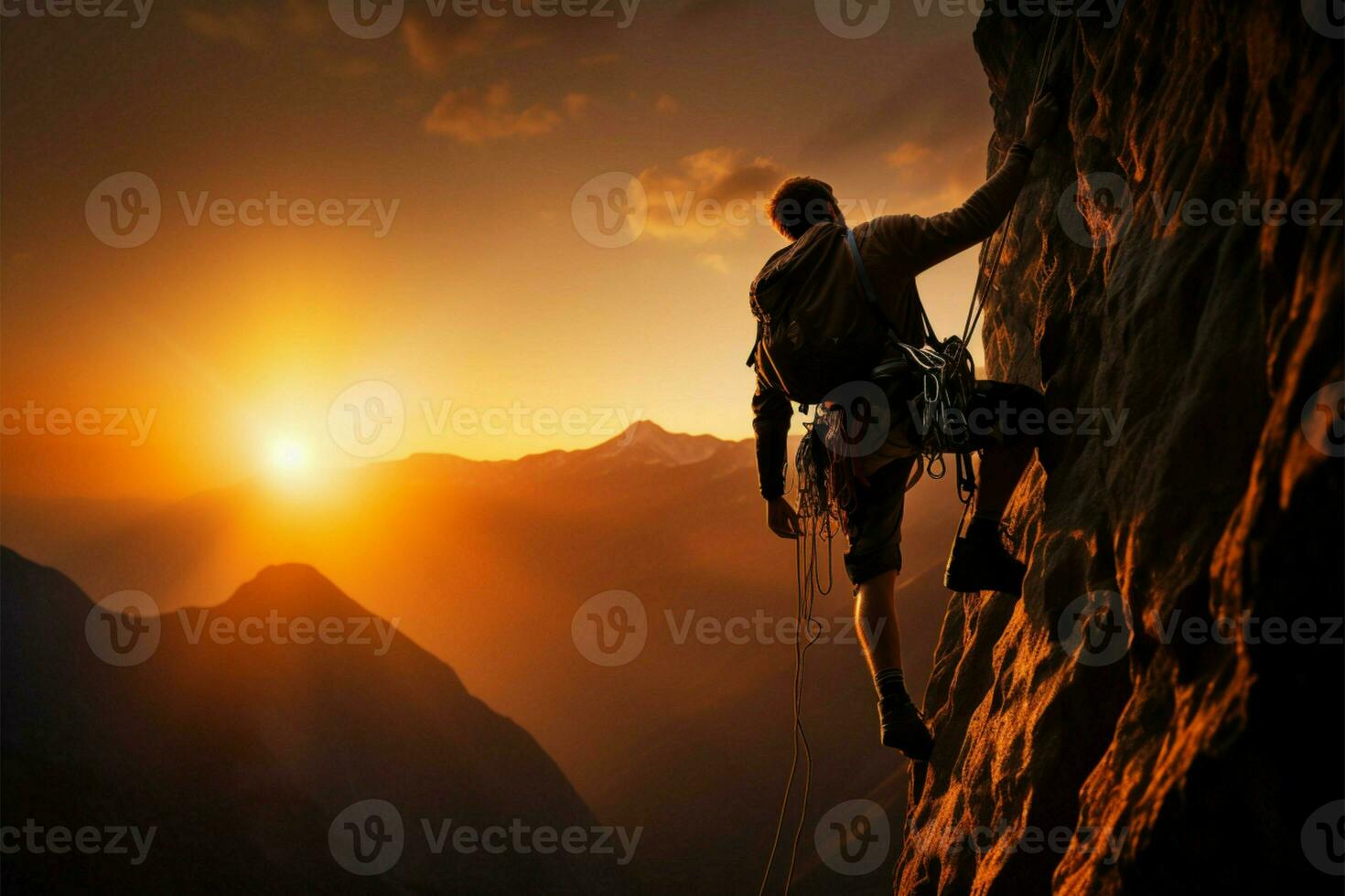 grimpeur Balance une falaise comme le Soleil ensembles derrière leur ai généré photo