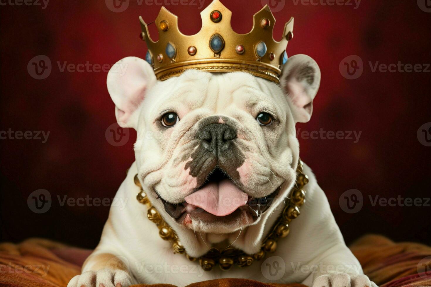 une mignonne blanc bouledogue chiot porte une royal rouge velours couronne ai généré photo