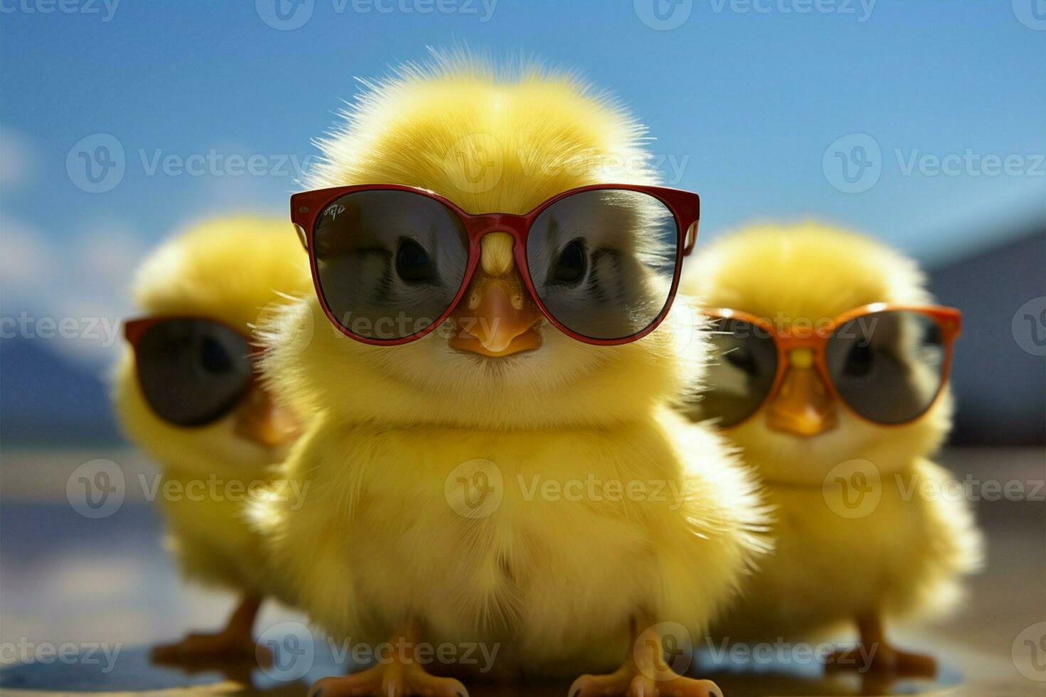 Jeune Jaune poussin enfile minuscule des lunettes de soleil, une doux, adorable agriculteur ai généré photo