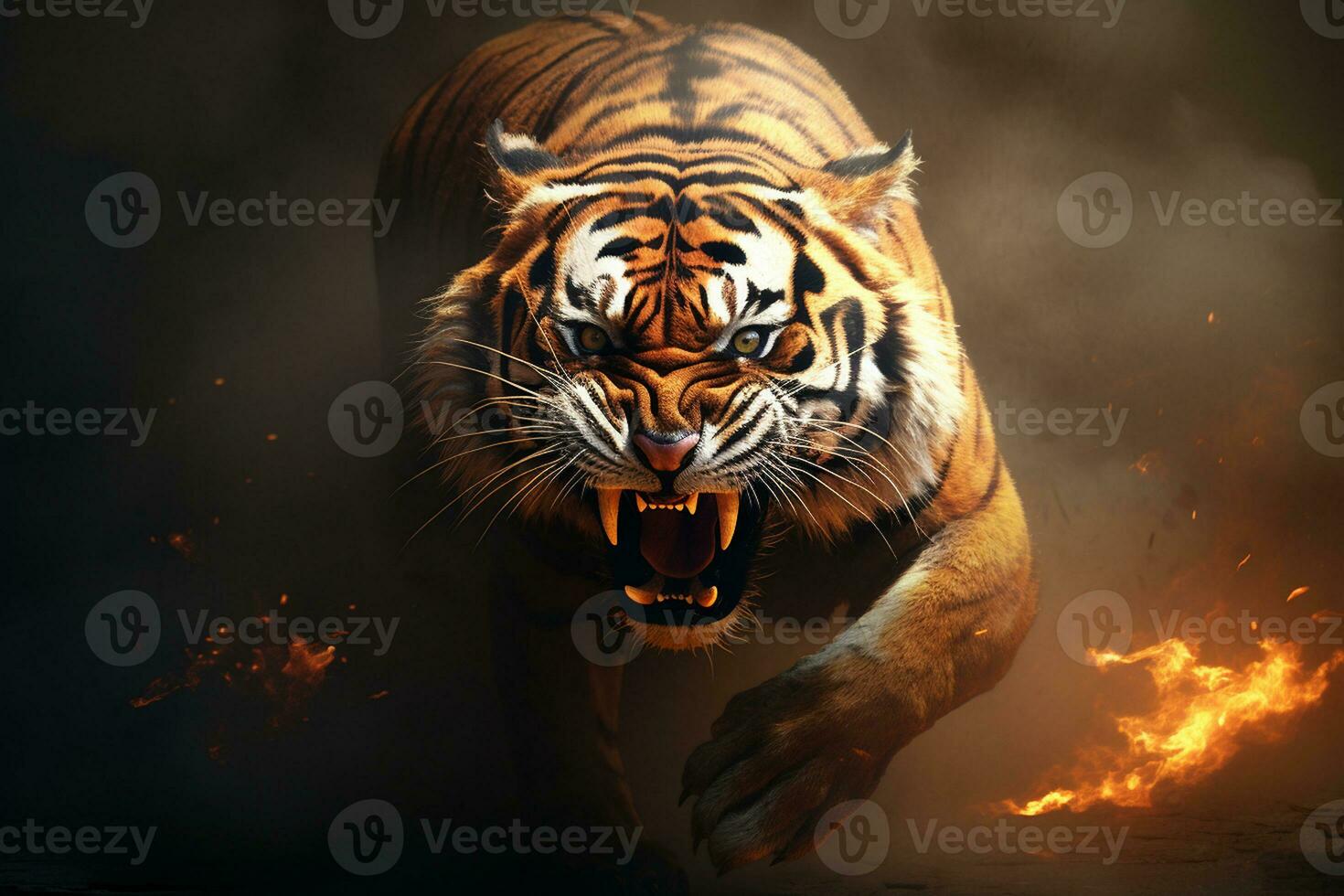 tigre dans agressif sprint et grognement. génératif par ai photo