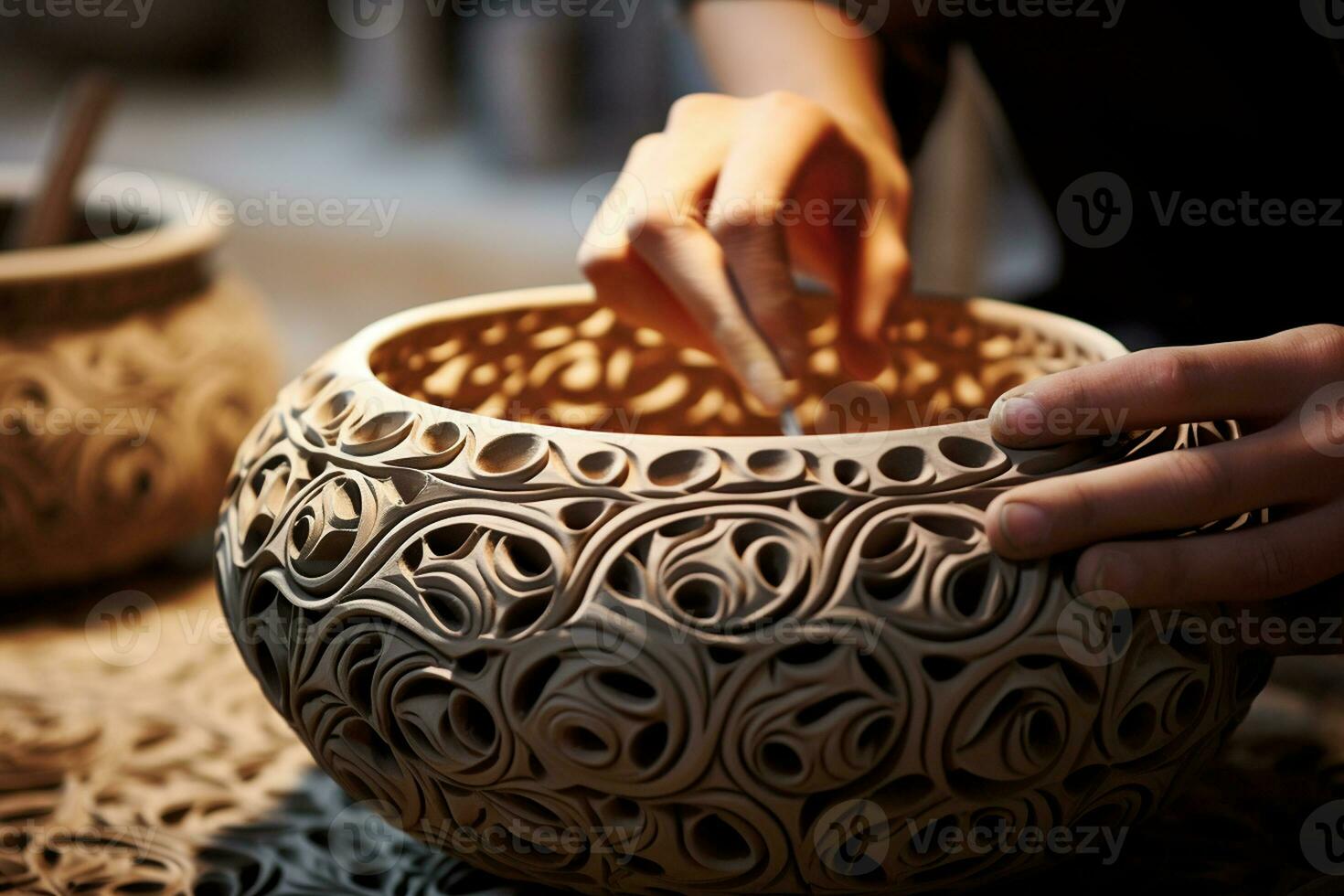 fabriqués à la main poterie avec complexe motifs. génératif par ai photo