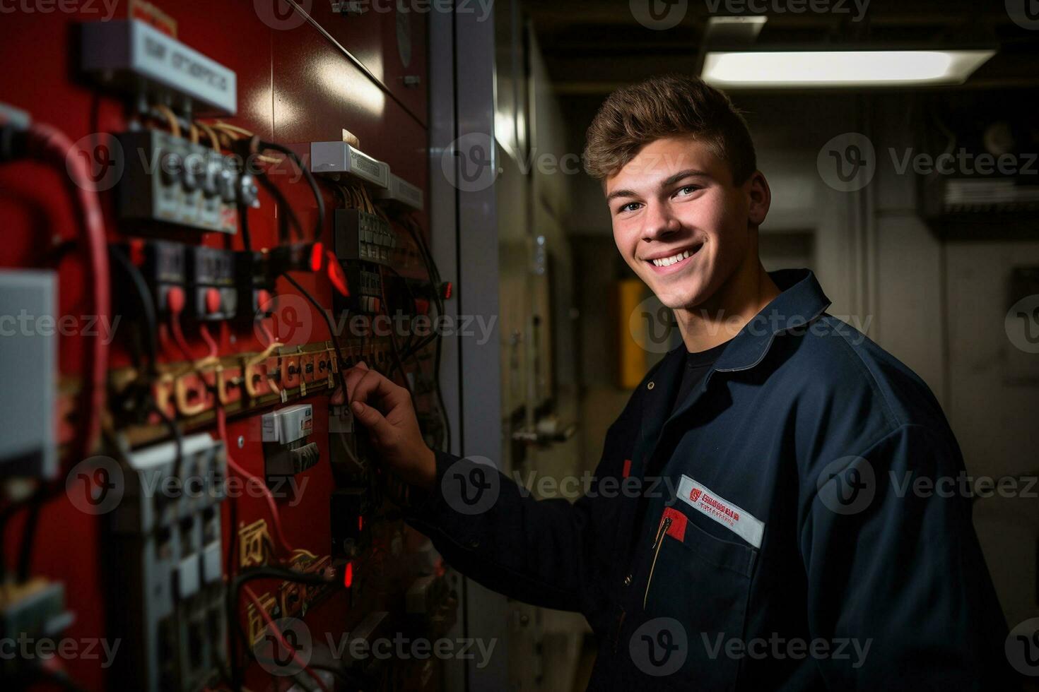 portrait de une Jeune Masculin technicien dans électrique travail. génératif par ai photo