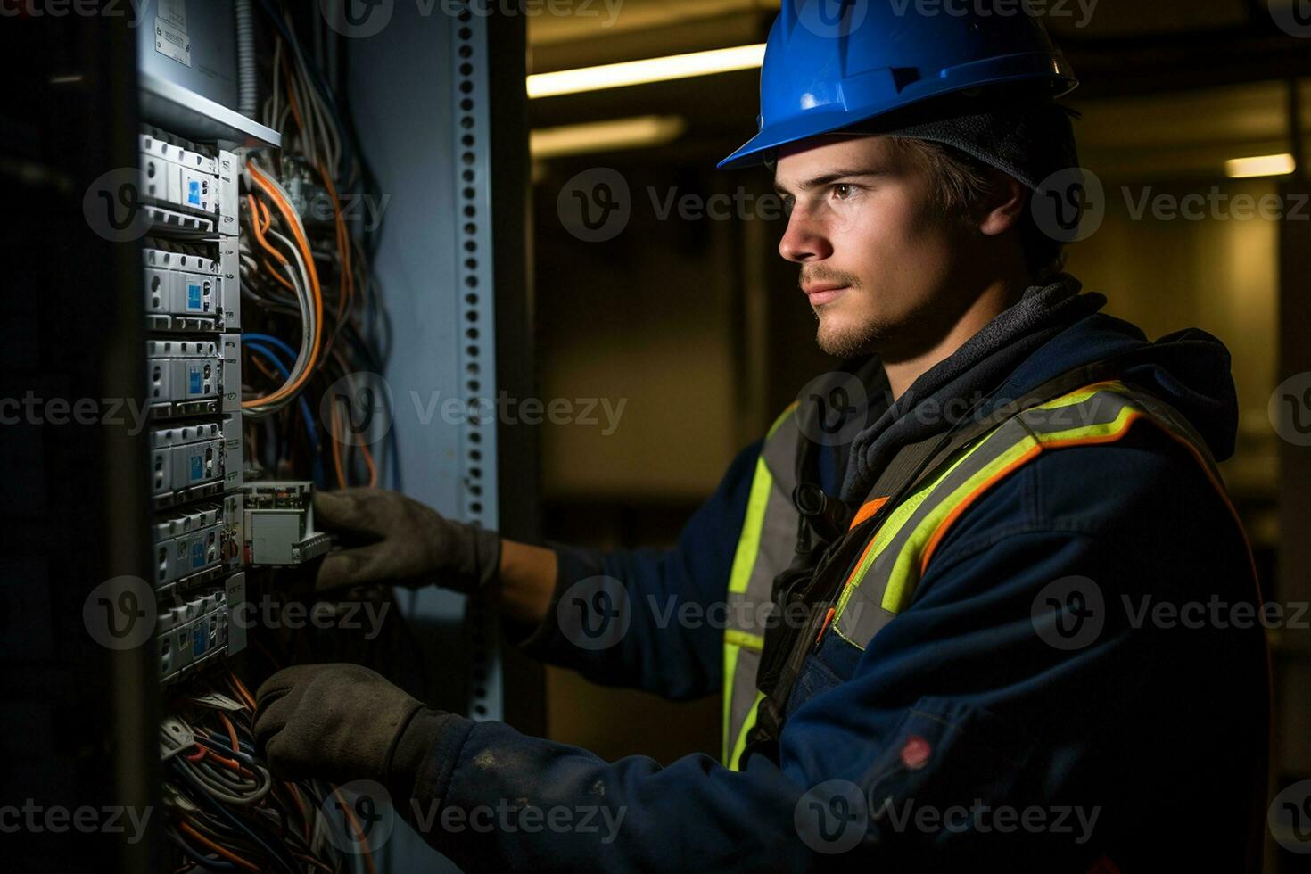 portrait de une Jeune Masculin technicien dans électrique travail. génératif par ai photo