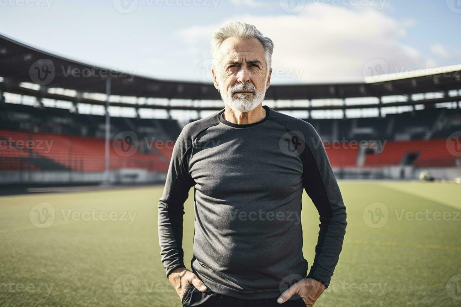 portrait de une sur de soi Sénior homme dans tenue de sport. génératif par ai photo