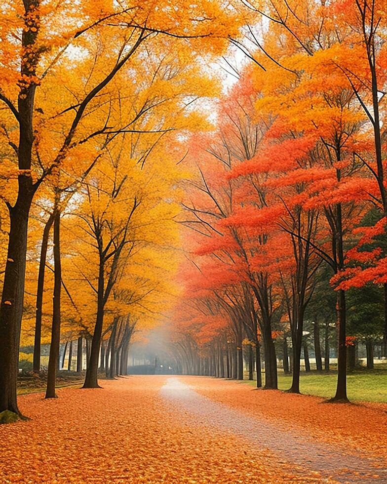 photo route est entouré par des arbres avec coloré feuilles pendant tomber généré par ai