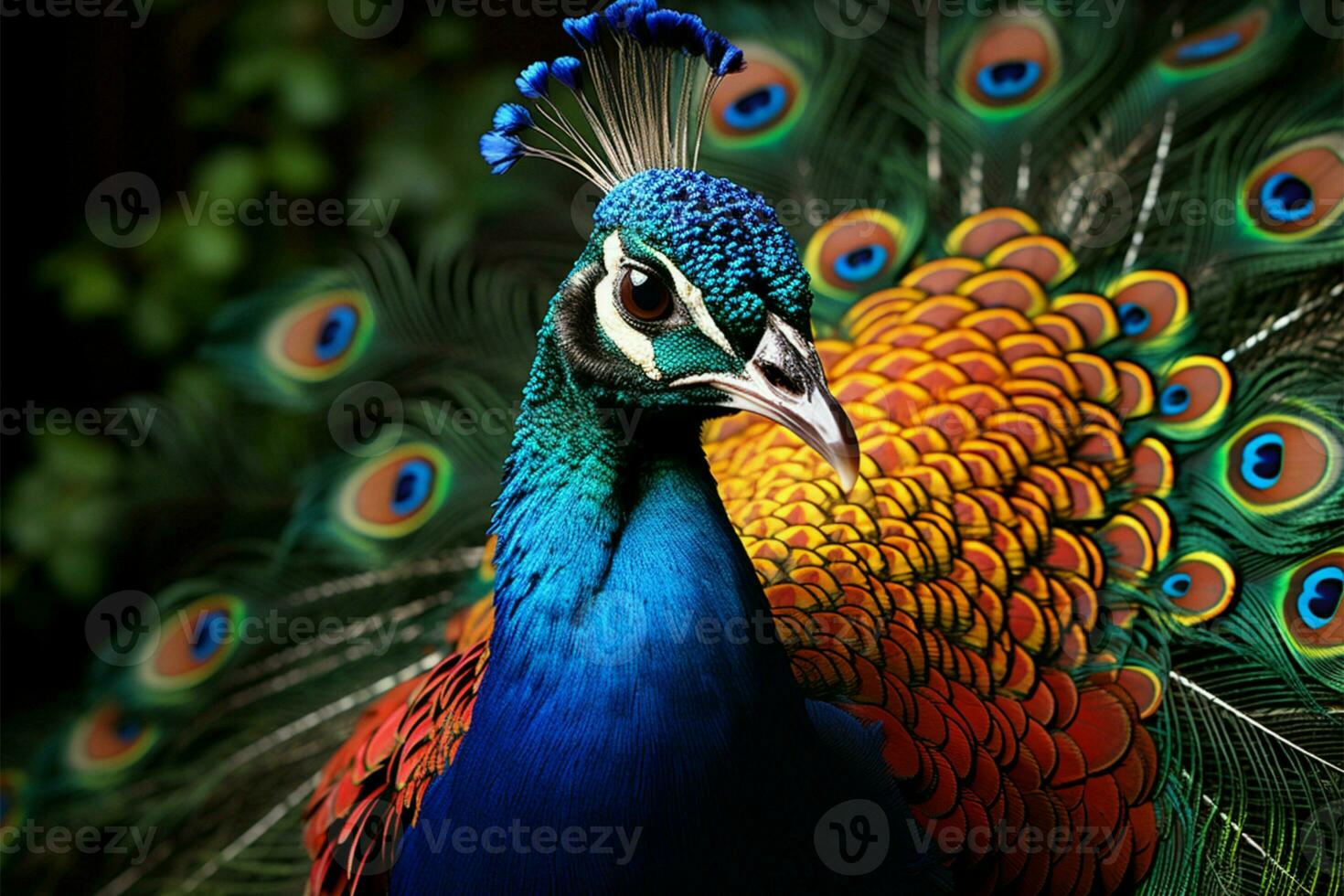 le vibrant queue plumes et gracieux affiche de une Masculin paon hypnotiser ai généré photo