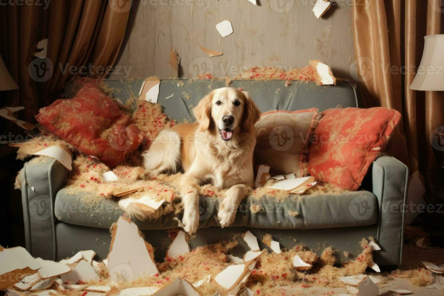 chien détruire coussins sur canapé. vilain espiègle chien après mordant une oreiller. génératif ai photo