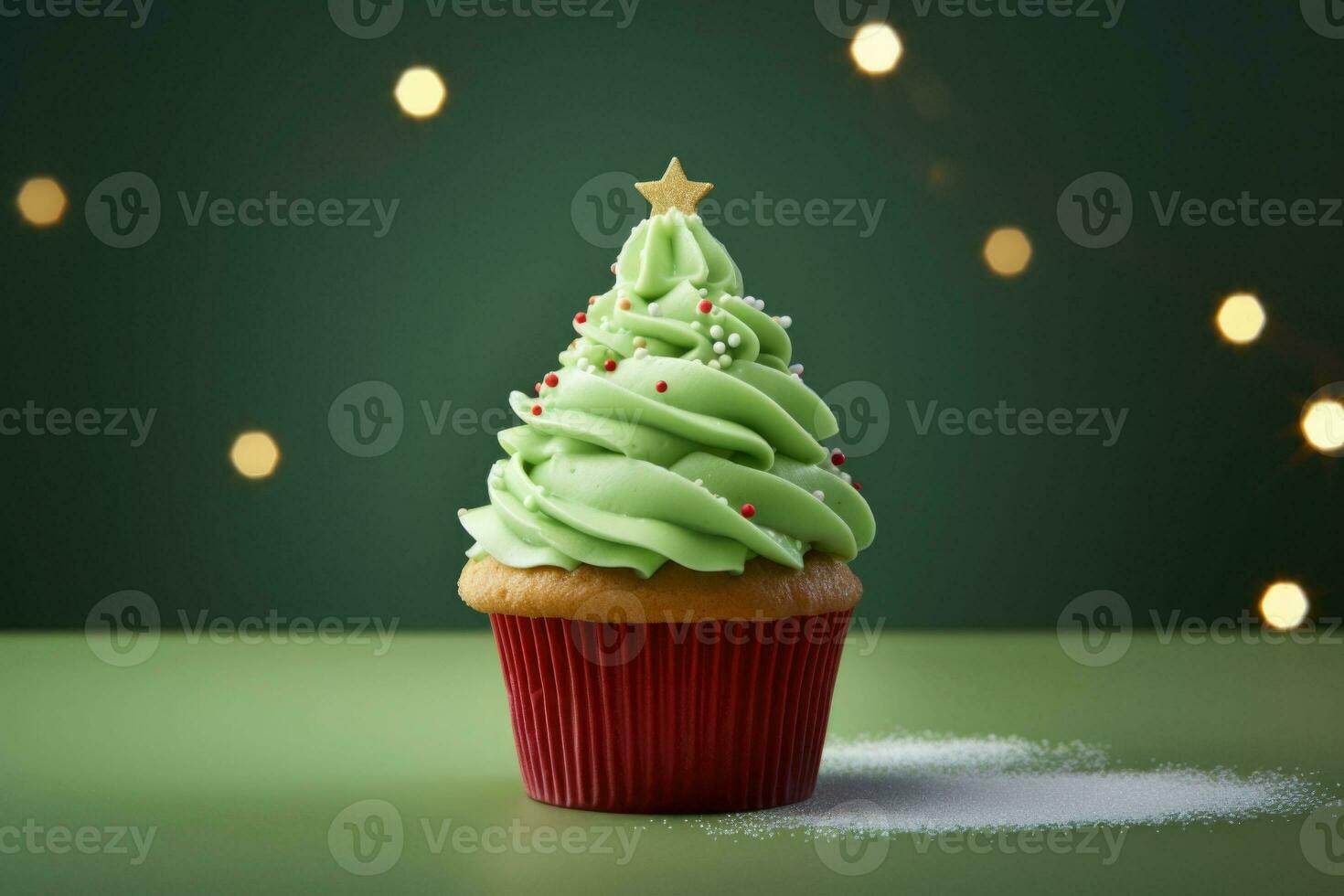 vert Noël arbre en forme de petit gâteau et Noël décoration. ai généré photo
