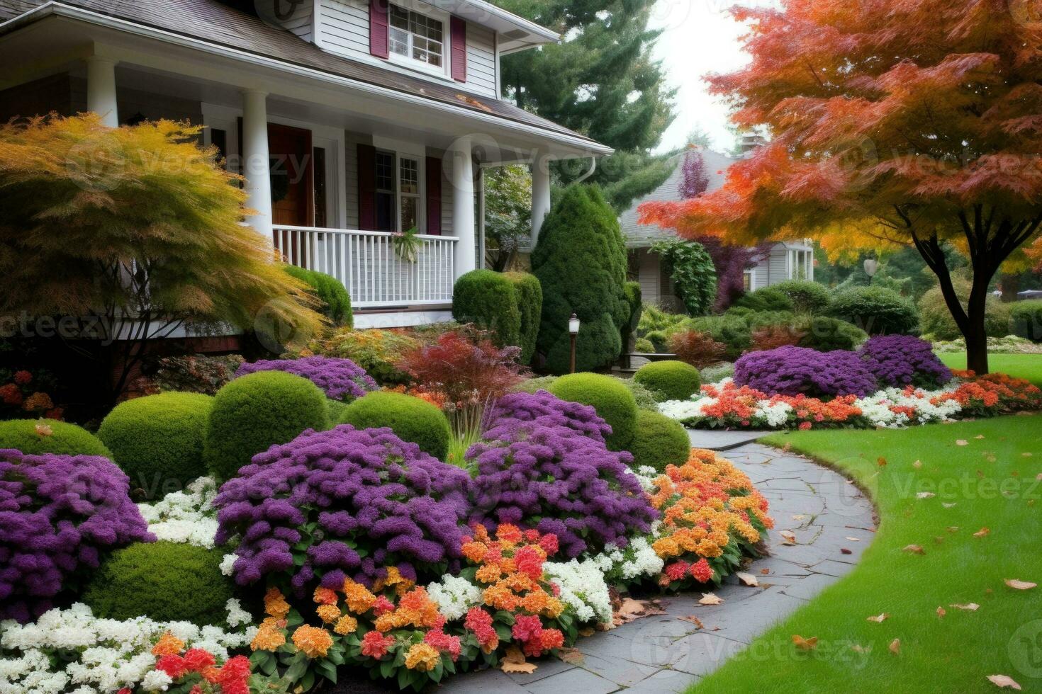 de face Cour avec les plantes dans automne. élégant maison décoré pour l'automne vacances saison, coloré des buissons sur une premier plan. ai généré photo