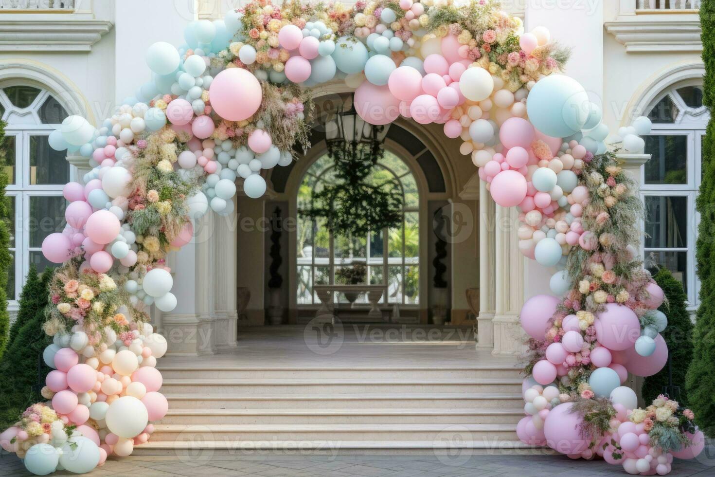 cambre fabriqué de coloré gonflable des ballons. photo zone avec des balles. ai généré