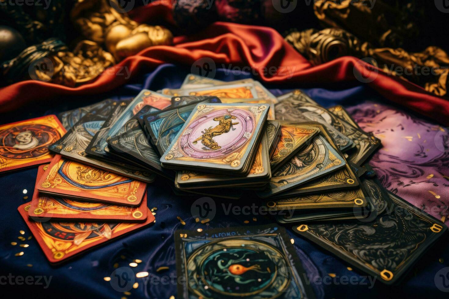 une pile de tarot cartes épars à travers une table Haut. ésotérique Contexte. fortune récit, tarot prédictions. génératif ai photo