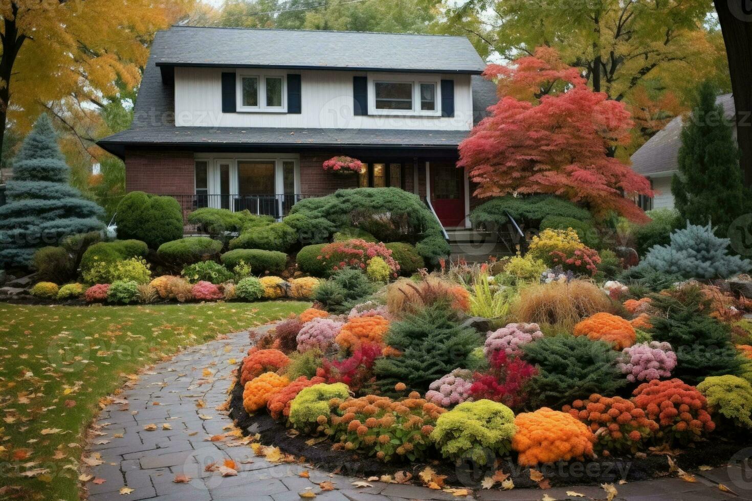 de face Cour avec les plantes dans automne. élégant maison décoré pour l'automne vacances saison, coloré des buissons sur une premier plan. ai généré photo