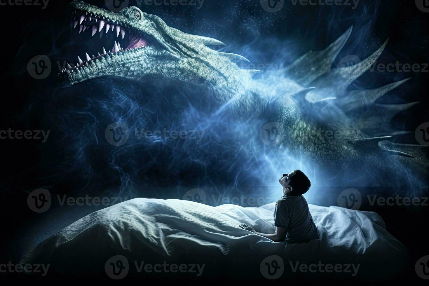 une homme montres une grand dragon mouche dans le chambre dans le fumée suivant à le lit. génératif ai photo