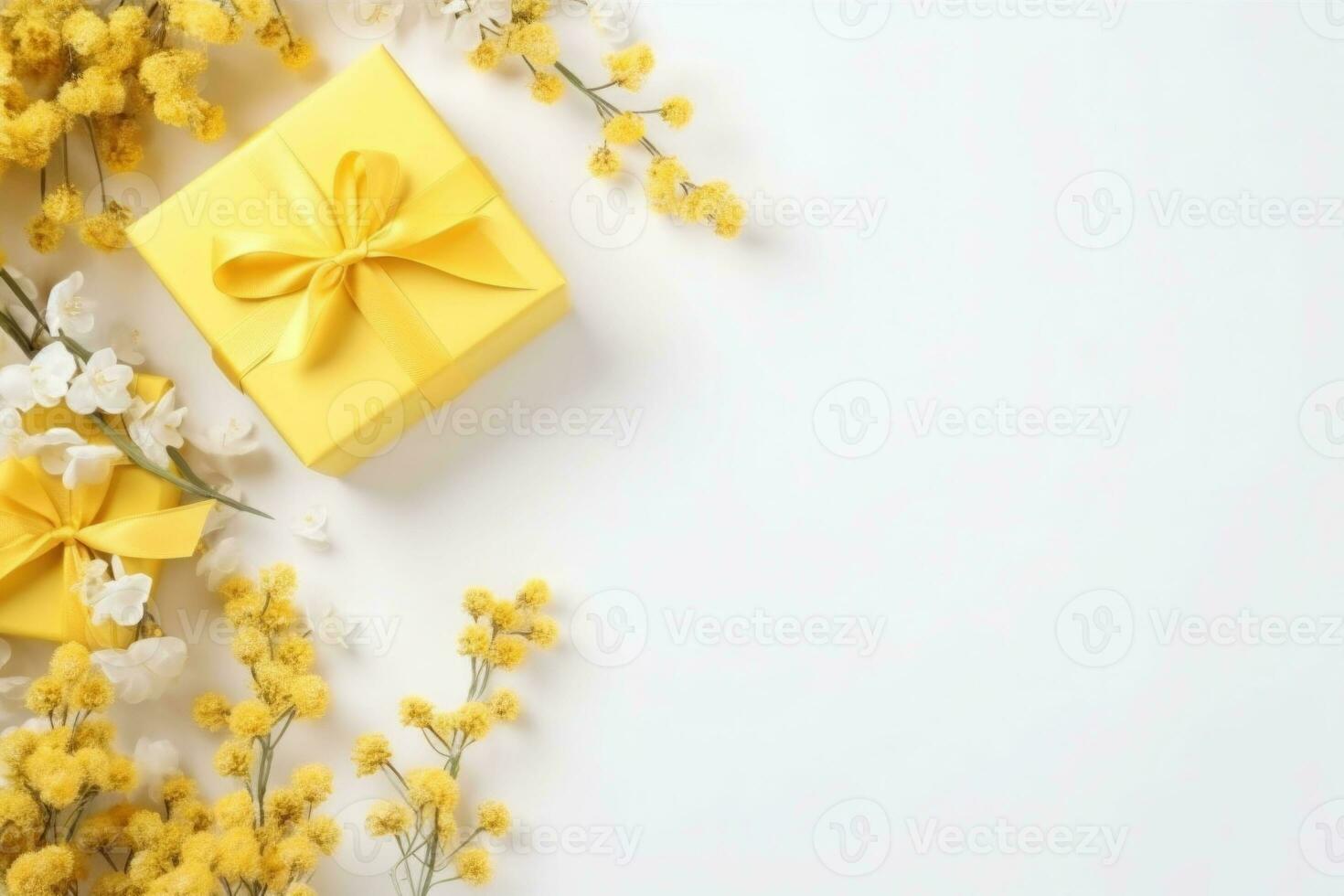 Jaune cadeaux des boites sur blanc Contexte avec fleurs et branches. génératif ai photo